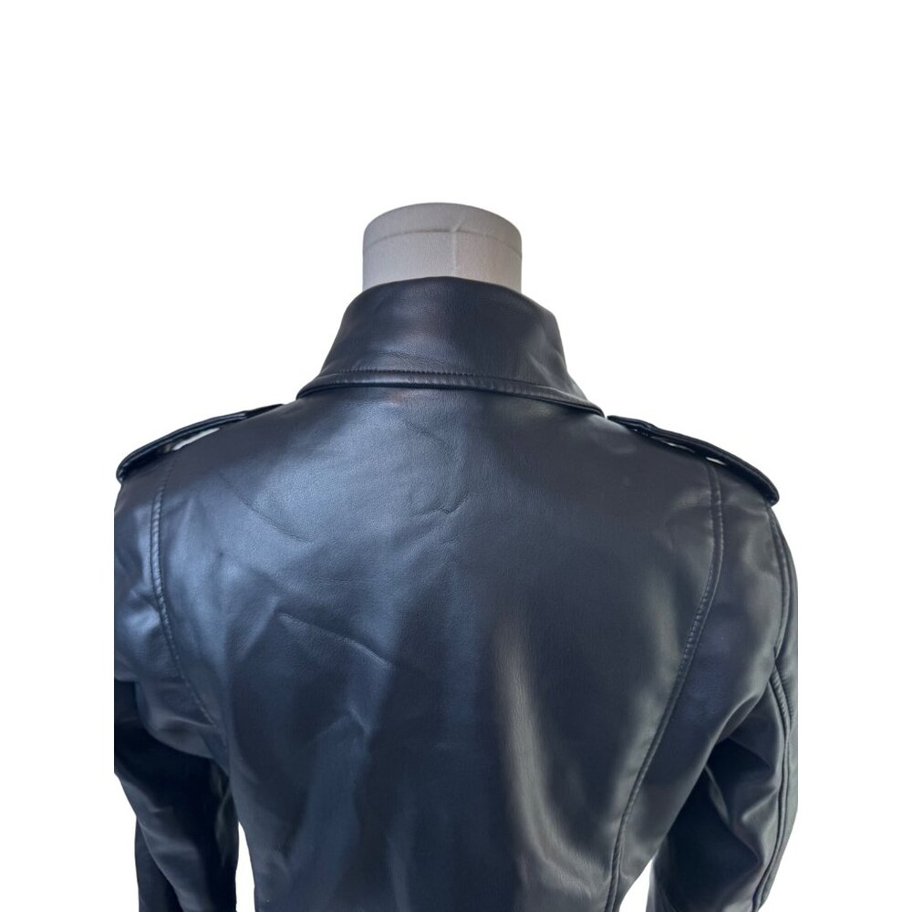 NWOT ZARA M Black Faux Leather Biker Jacket Zipper Details & Epaulettes - Picture 4 of 14